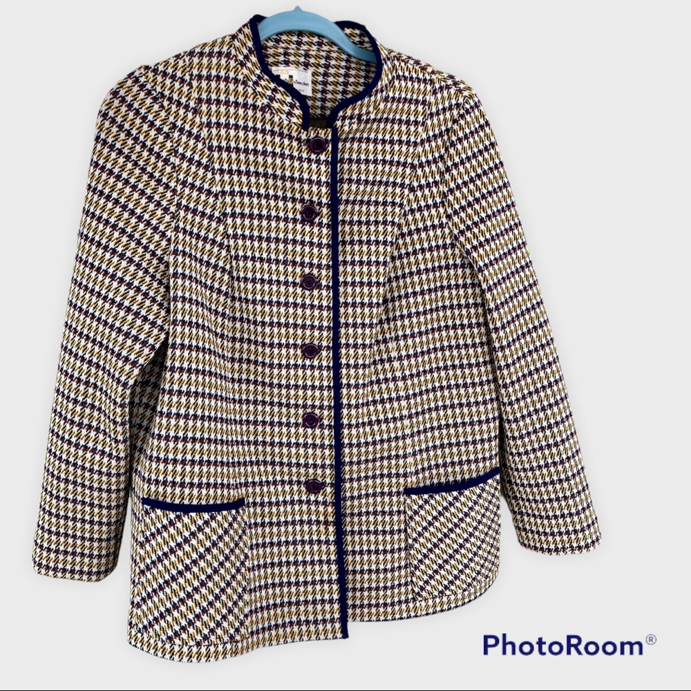 VINTAGE 1960S MARTY GUTMACHER BLUE YELLOW PLAID BLAZER WOMENS SIZE MEDIUM
